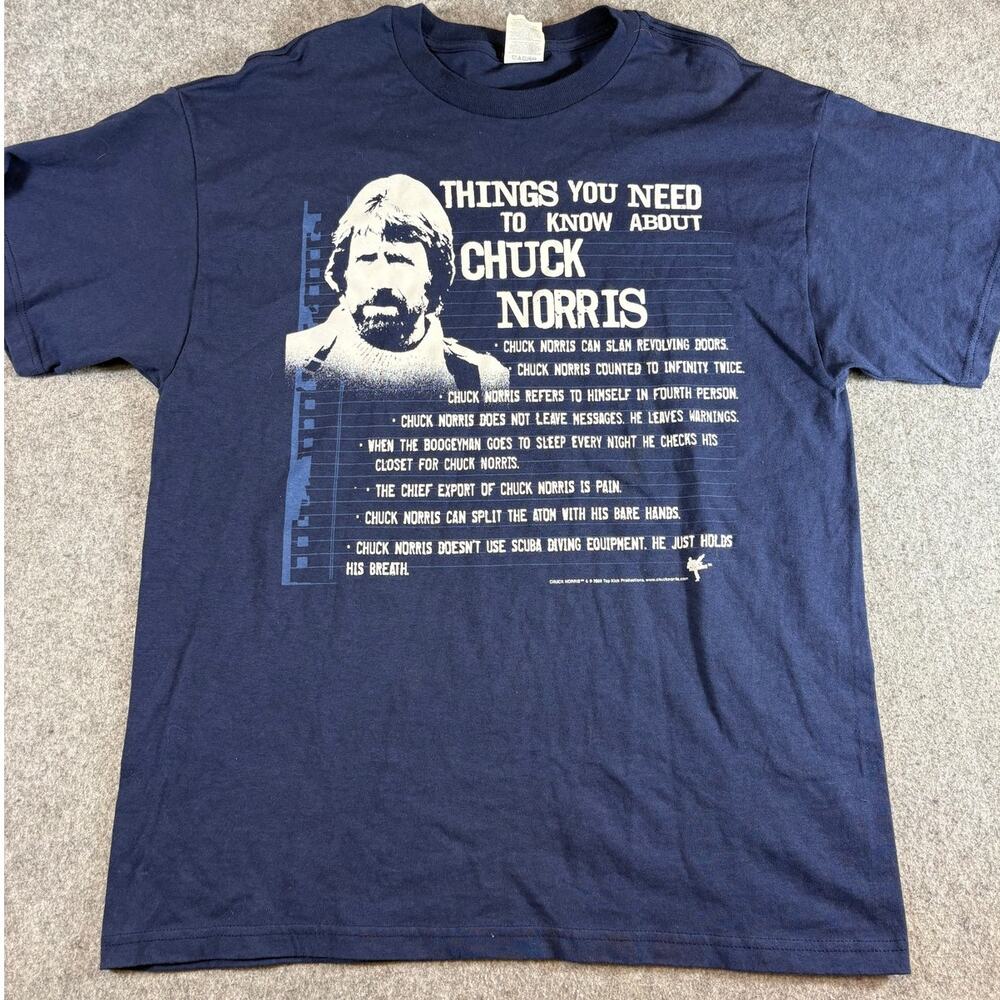 Vintage Y2K Chuck Norris Mens Large Blue Joke Humor Graphic Print Streetwear - Picture 1 of 4